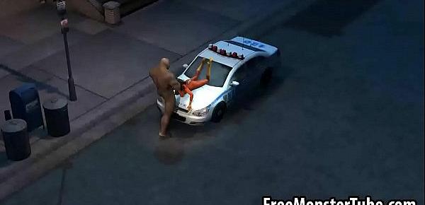  Hot 3D babe lays on a cop car and sucks a monsters cock